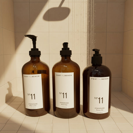 Group Shot of Poet and the Bench No 11 Atmosphere Body Lotion, Hand Soap and Shower Gel 70% Organic Ingredients and Certified Clean Earthy Floral and Spicy Scent