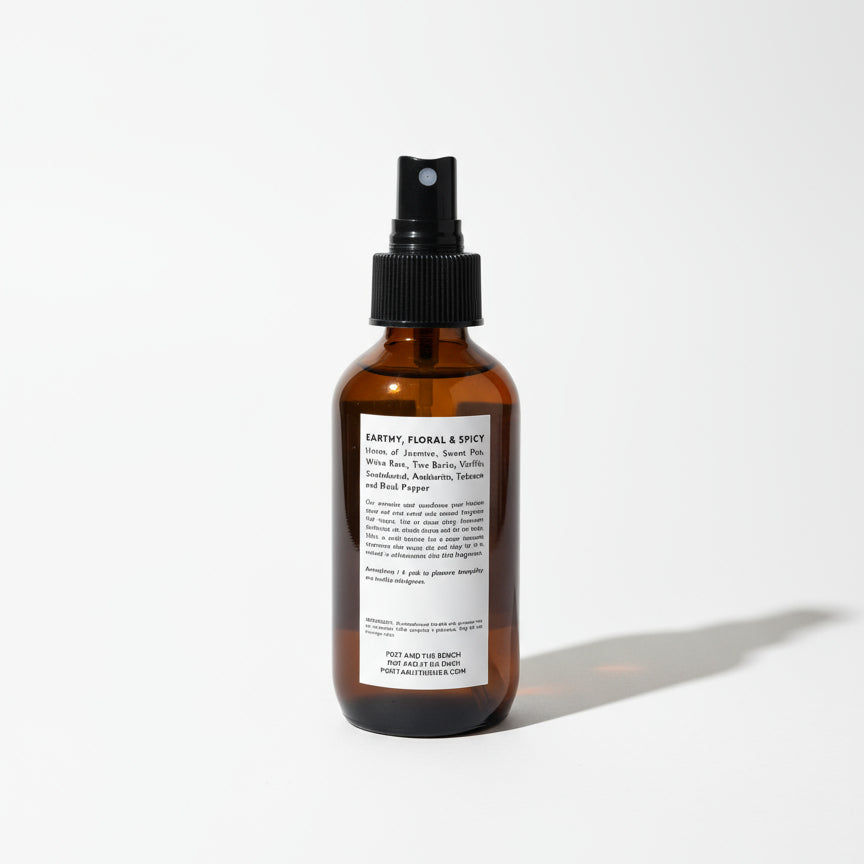 Back label ingredients of earthy floral and spicy no 11 room mist. Travel to a floral garden with a rich combination of sensual notes. No 11 is composed of a certified clean fragrance blend with notes of: Jasmine, sweet pea, white rose, tree barks, sandalwood, vanilla, ambrette, tobacco and black pepper in a base that sprays dry and silky smooth