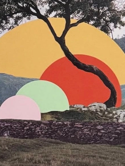 Collage of a tree photograph with colorful cut paper orbs integrated