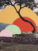 Collage of a tree photograph with colorful cut paper orbs integrated