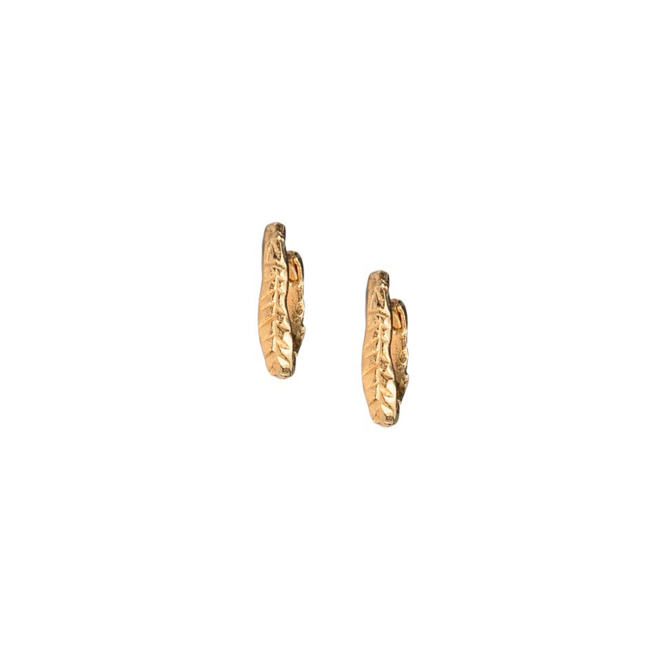 14K gold huggies that click into place; no backs needed. Crooked Fern Leaf Textured Design.