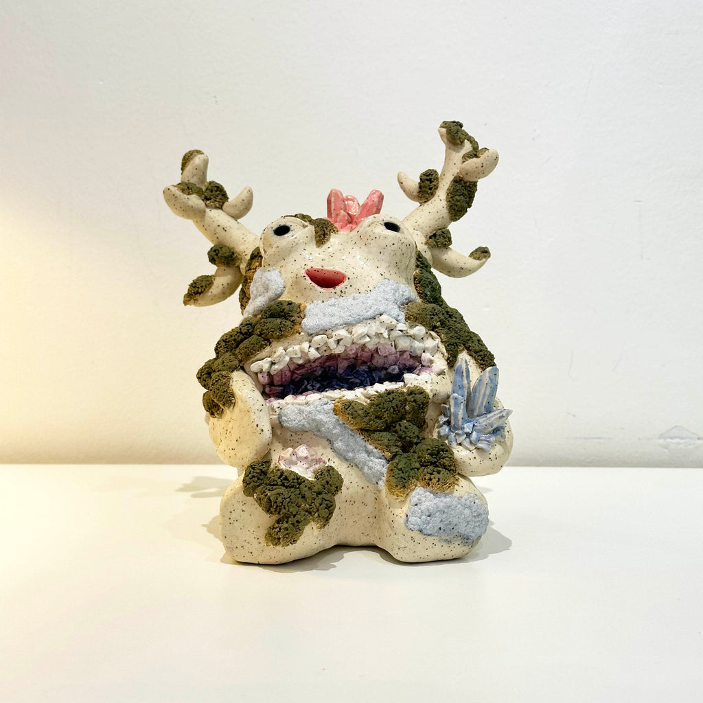 Geode is from the new "Mosslings" Series by Spacecat Ceramics artist Amy Breed. These creatures collect things from forests in Marin and they become part of these moss monsters!