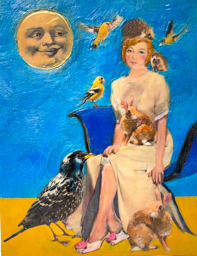 Encaustic collage art with a woman, animals, birds and a moon on a blue and yellow background