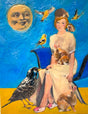 Encaustic collage art with a woman, animals, birds and a moon on a blue and yellow background