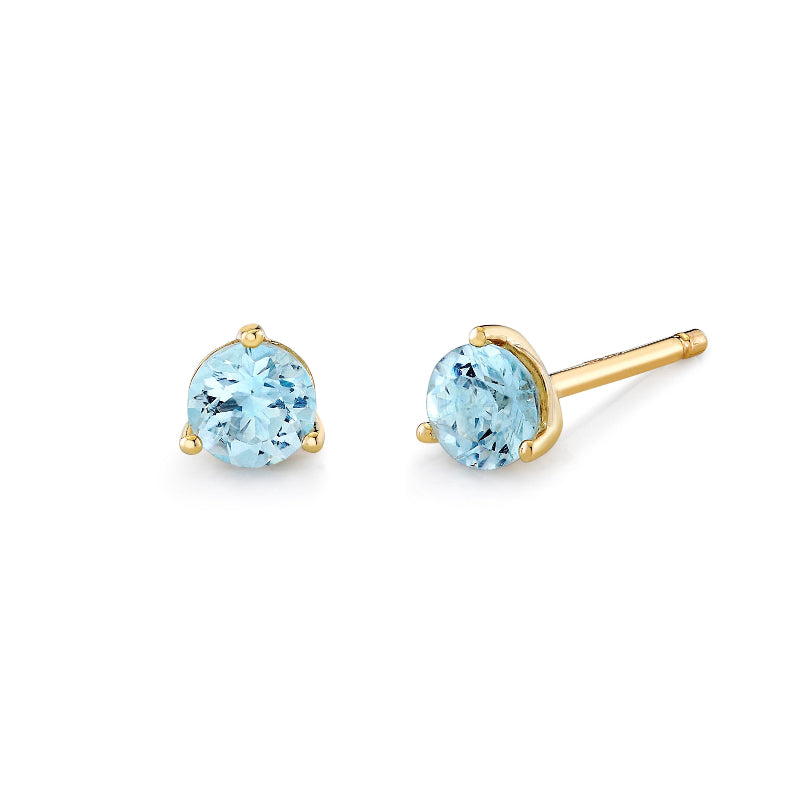 Aquamarine Yellow Gold 3 Prong Stud Earrings