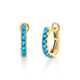 Yellow gold hoop huggie earrings with blue topaz gemstones 