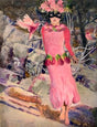 Encaustic collage depiction of a styled woman in a pink dress with floral headpiece and mask, surrounded by nature.