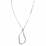 A silver toned necklace featuring a delicate chain and an abstract, open pendant with a polished finish