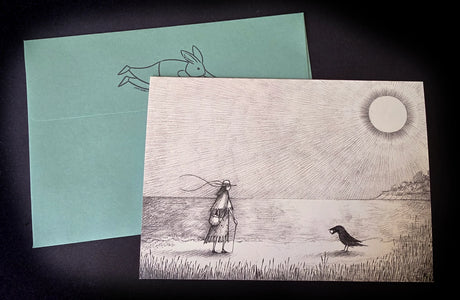 Illustrated card features a wanderer under the sun and in the mountains in this new greeting card by artist Jon Carling.