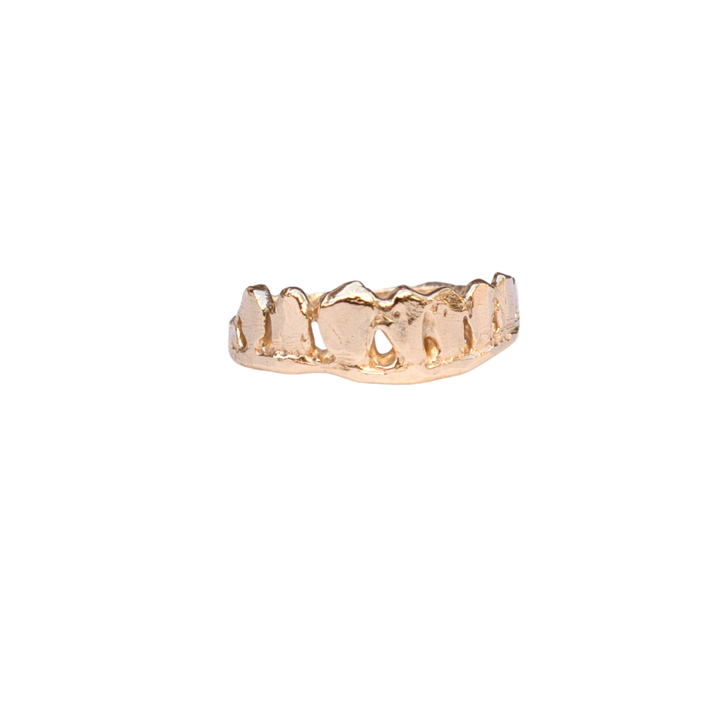 Dorte is a crown stacking ring with carved textured leafy detail. Made for stacking or worn individually–designed to be part of a collection of layering rings