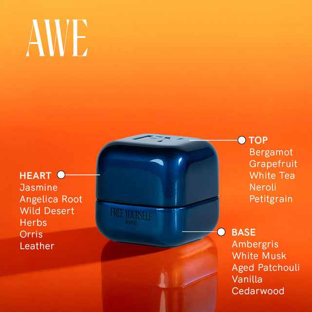 Free Yourself Awe is a luminous, radiant herbacious fragrance that refreshes, awakens and invites wonder! In a blue metal square container that is counter worthy
