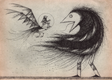 An ink on found paper drawing delightfully depicts an inventor and his nemesis