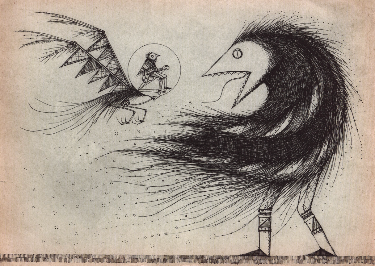 An ink on found paper drawing delightfully depicts an inventor and his nemesis