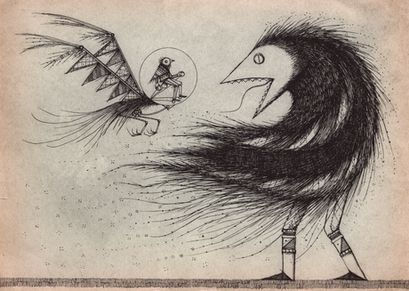 An ink on found paper drawing delightfully depicts an inventor and his nemesis