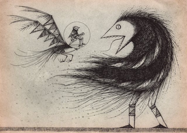 An ink on found paper drawing delightfully depicts an inventor and his nemesis