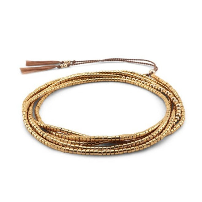 The Gobi is a convertible necklace to wrap bracelet made with 24k gold-plated Japanese glass beads and subtly accented with 14k gold-filled rounds.