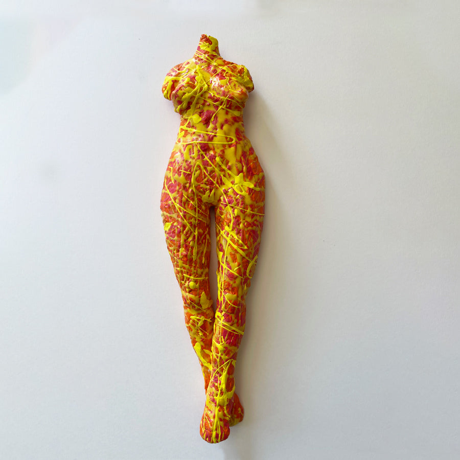 Hang on a wall and let this painterly Figure in Orange and Yellow sculpture bring good vibes to your abode! Can also be placed on a side table, book shelf, or on top of a stack of artist books on your coffee table. 
