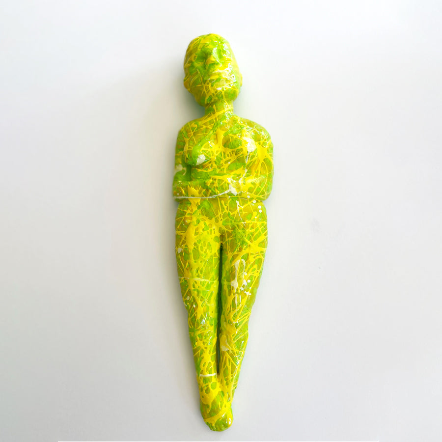 Hang on a wall and let this painterly Figure in Lime and Yellow sculpture bring good vibes to your abode! Can also be placed on a side table, book shelf, or on top of a stack of artist books on your coffee table. 