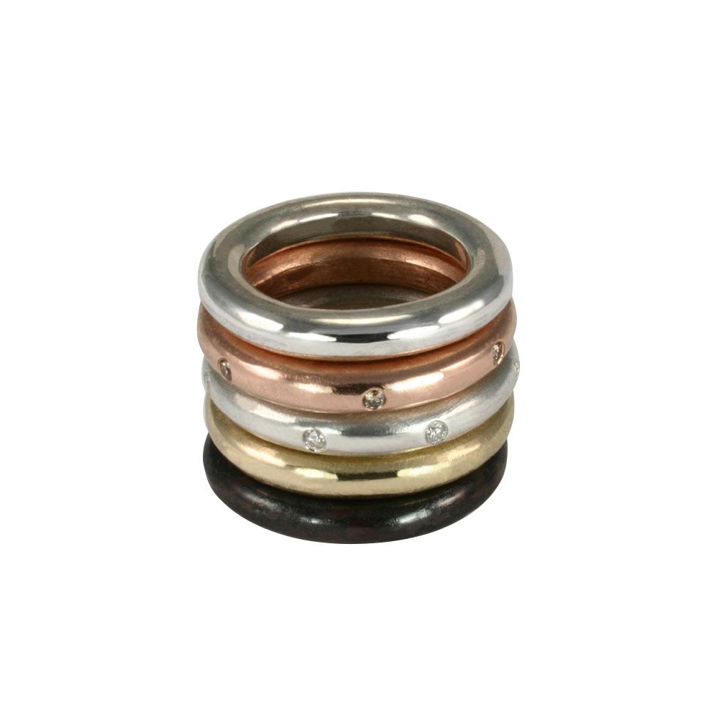 Stunning layered or alone–goes with everything, thick round stacking rings by jewelry designer Jeffrey Levin. Mixed metals available in sterling silver; 14k yellow, white or rose gold; or platinum. Stacking Rings!