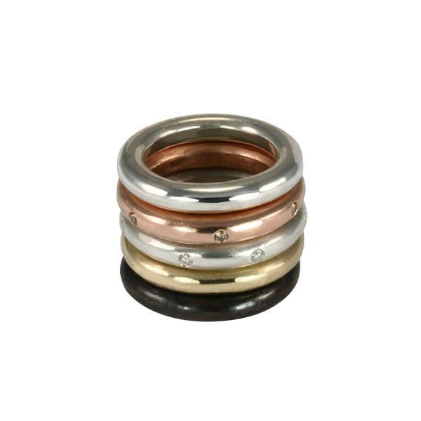 Jeffrey Levin thick round stacking rings in 14k yellow gold, rose gold, white gold and silver.