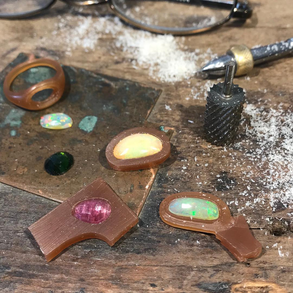 Process of wax carving for bespoke pendants and rings with tourmaline and opals. By Jeffrey Levin.
