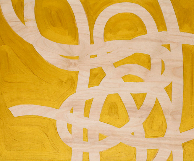 In Jeffrey Palladini's brand new work, the random looping and twisting patterns of a dropped length of twine are a seductive metaphor for the way we get from our aims and dreams to the outcomes. Painted in a metallic gold on wood panel.