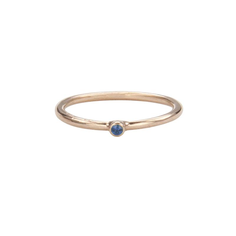 Jeffrey Levin Super Skinny stacking ring in 14K rose gold with single stone blue sapphire is delicate and designed for stacking.