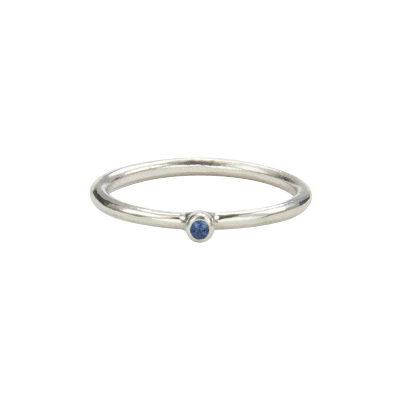 Jeffrey Levin Super Skinny stacking ring in sterling silver with single stone blue sapphire is delicate and designed for stacking.