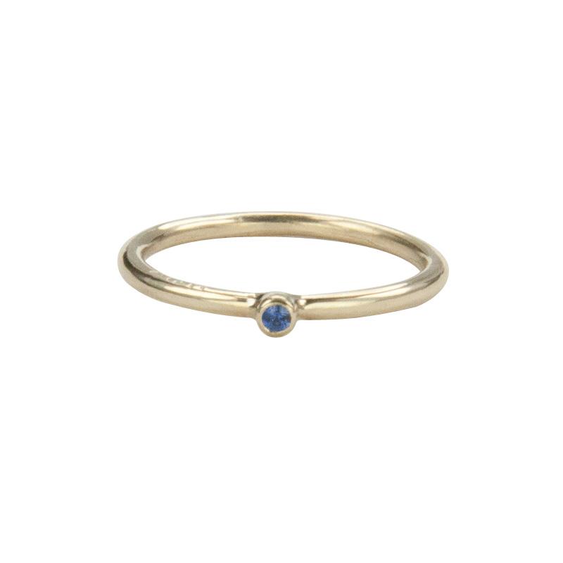 Jeffrey Levin Super Skinny stacking ring in 14K yellow gold with single stone blue sapphire is delicate and designed for stacking.