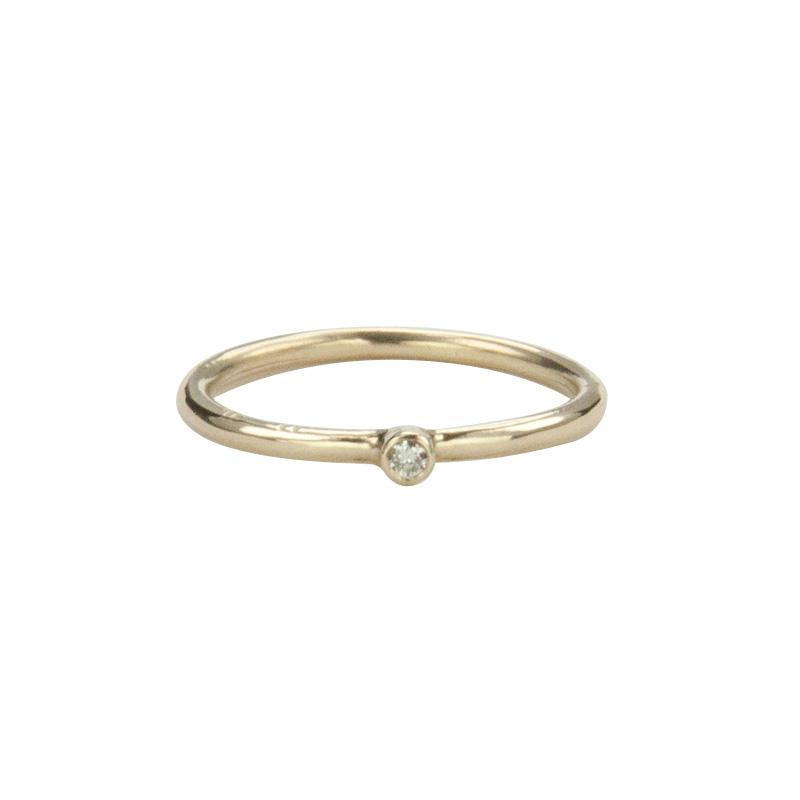 Jeffrey Levin Super Skinny stacking ring in 14K yellow gold with single stone white diamond is delicate and designed for stacking.