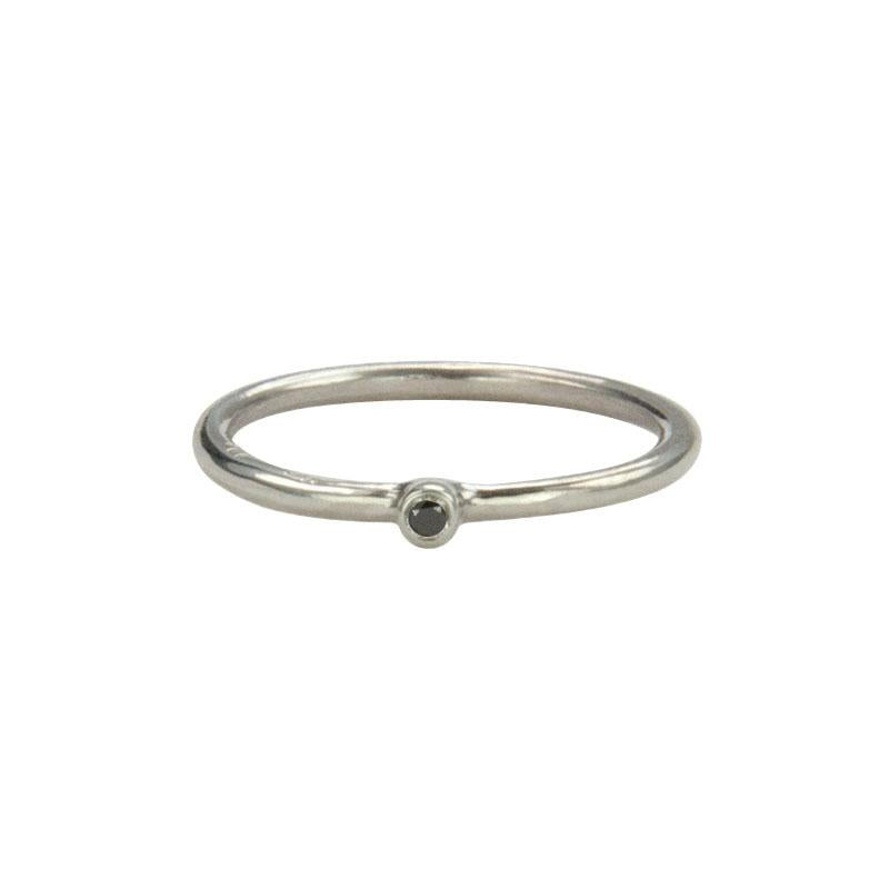 Jeffrey Levin Super Skinny stacking ring in 14K white gold with single stone black diamond is delicate and designed for stacking.