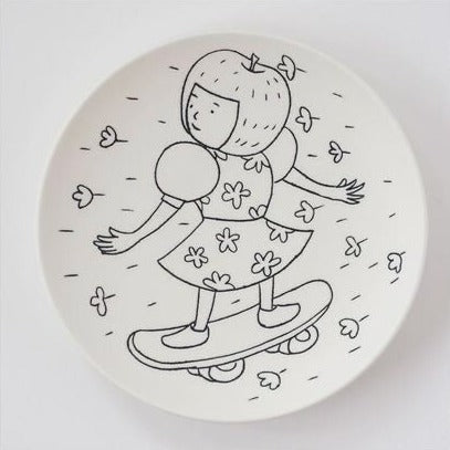 This small plate in porcelain serves a tasty treat with personality. The illustrated girl skateboarding is from Kikuko's imagination and views from the colorful and rich experience of her world. 