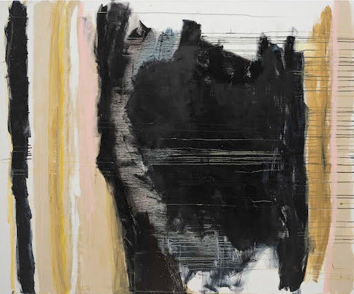 "By Directional Intent" was revisited by Laura over a period of years, typical of her process and evolving relationship with the images she paints. Many of her large paintings reflect grand, sweeping strokes across the canvas, which are often juxtaposed with other structural elements.