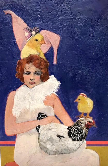 Linda Benenati creates magical environments with her encaustic painting and collage narratives. Chic a Doodle Doo is a charming and delightful depiction of people, real and imagined. 