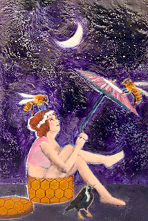 Moonlight Reflections is from encaustic artist Linda Benenati's series called Dream Divas. Dream Divas explores the vast night sky, the constellations and our dreams. Linda says the viewer might not be able to know whether the subject is the dreamer or the one being dreamed about. 