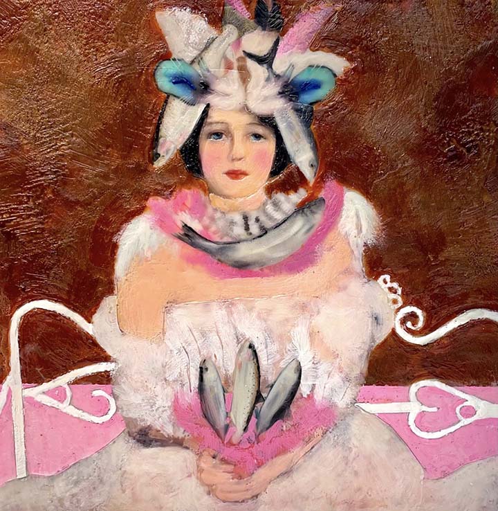 Linda pulls from the 20's and 30's, anything French and in this Encaustic Mixed Media series, fantastical noble women. We love Princess Pisces and the whimsical use of fish as fashion accessories. 