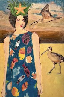 Sea Ennui brings us to the ocean in this beachy encaustic collage. Linda has taken her love of the water and brought her characters into this echoes of the sea portraiture with her whimsy, fashion and style! 