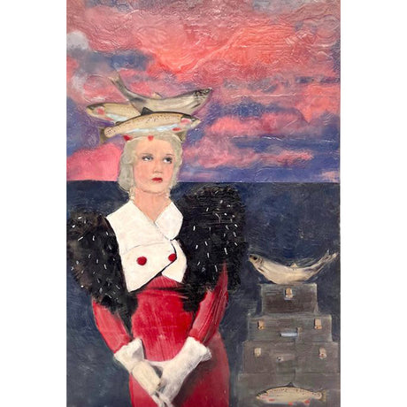 Fish out of Water is the latest encaustic portrait as part of a new series of narratives by Linda Benenati called Arrivals and Departures. She's just landed and about to go on an adventure of the unknown. 