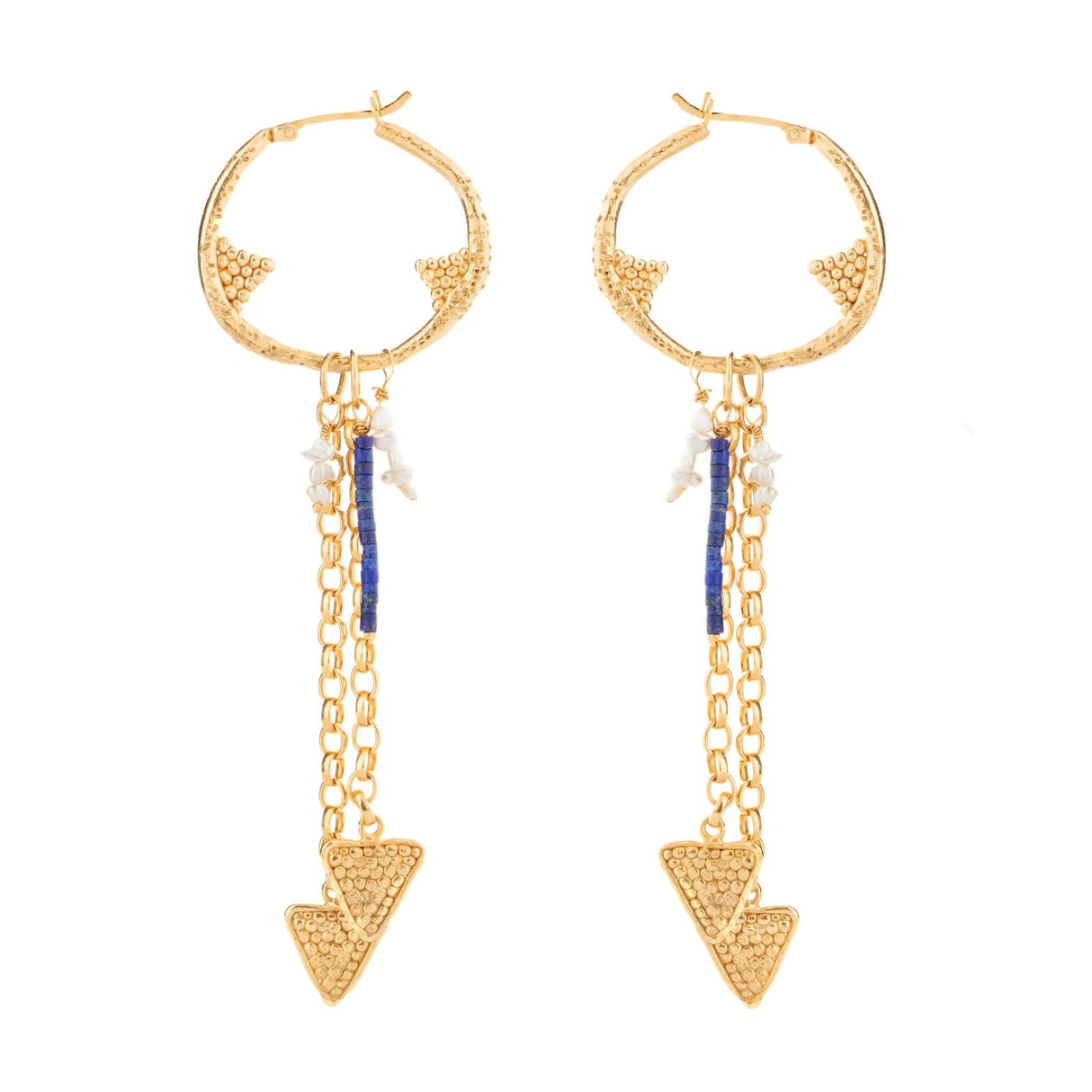 A flying arrow merging with a future magic. Arrows of possibility, formed from velvet light, ride the restless winds of our longing. The Regal Arcus dangling hoop is embellished with arrows, deep ocean pearls for depth, and mountain lapis for height. 