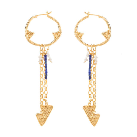 A flying arrow merging with a future magic. Arrows of possibility, formed from velvet light, ride the restless winds of our longing. The Regal Arcus dangling hoop is embellished with arrows, deep ocean pearls for depth, and mountain lapis for height. 