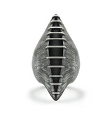 When you like a bold big ring... This dramatic elongated pod of polished bands of silver wire are constructed over a heavily etched silver container which opens slightly, revealing an oxidized interior.  Top front view.