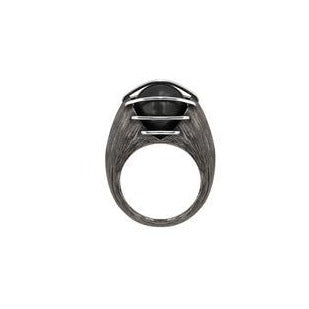 A luminous, natural inky-black colored Tahitian black pearl is enclosed in a heavily etched container, held in place by parallel bands of high polished silver designed by Mariella Pilato. Front view.