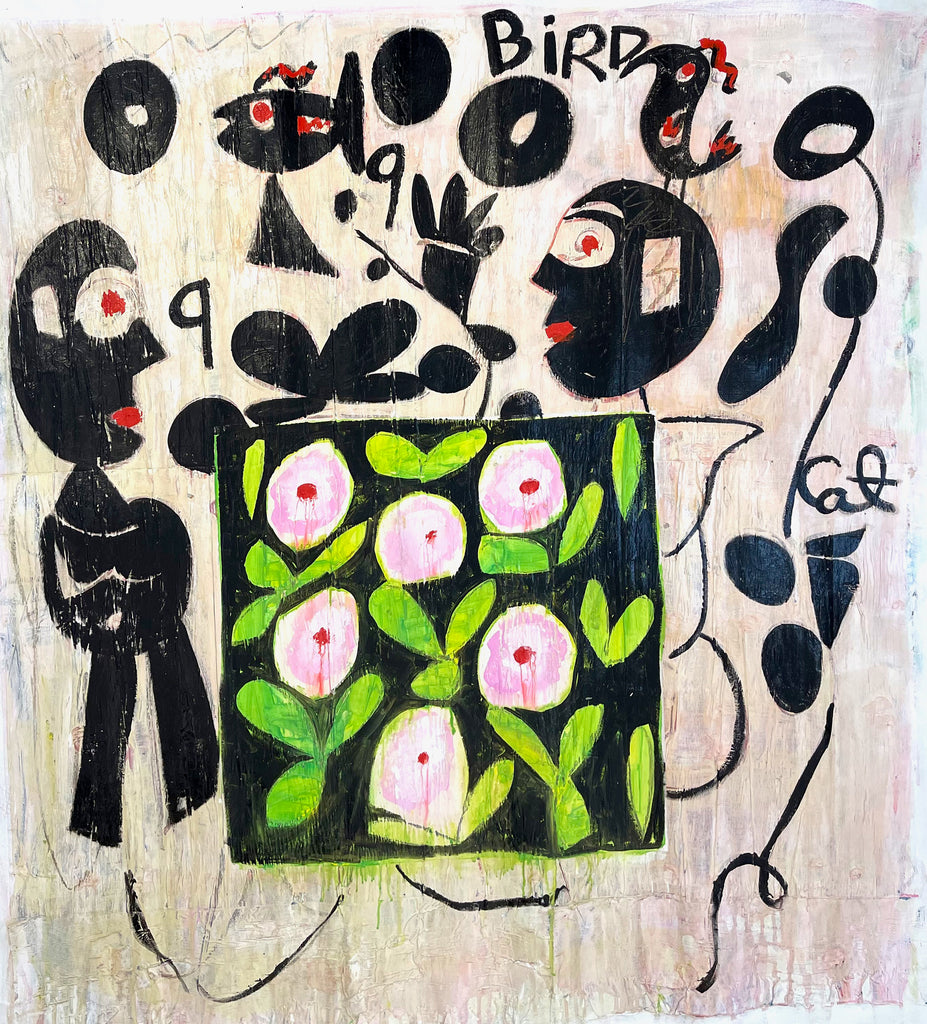"Flower in the Garden" is from a body of primarily black and white works by Mark Cherry. It features recognizable motifs that correspond to his classic repertory of repetitive figures, symbols, images and found materials. A detail of his vibrant roses interjects with the bold, graphic strokes.