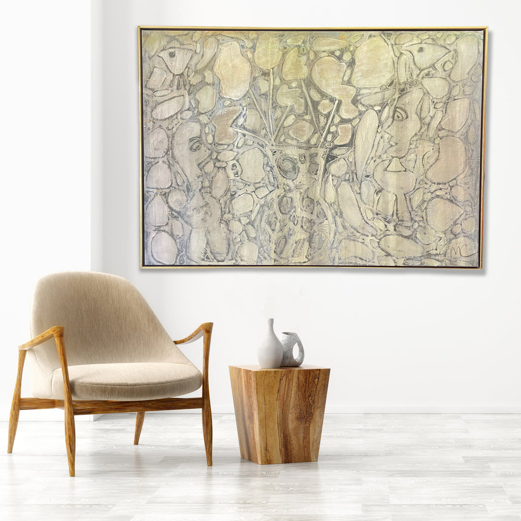 "Naked Dream" by Mark Cherry is a study in neutrals. Featuring recognizable motifs that correspond to his classic repertory of repetitive figures, symbols and images (a vase with flowers, birds, people) with a metallic sheen.