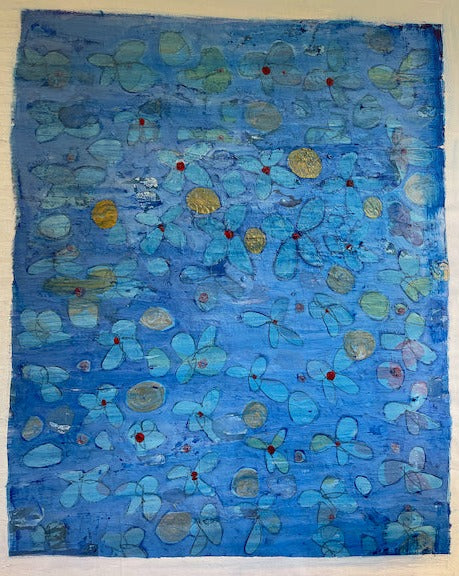 In "Blue Ice" we have repetitive flowers in a pattern narrative which is recognizable as Mark Cherry's signature style. 