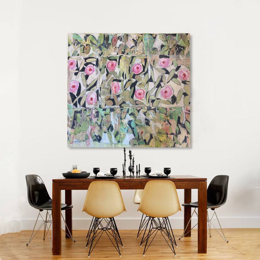 Repetitive flowers, developing a pattern narrative are recognizable Mark Cherry. Abstract expressionist painting of purple flowers with black leaves shown in a mid-century modern dining room. 