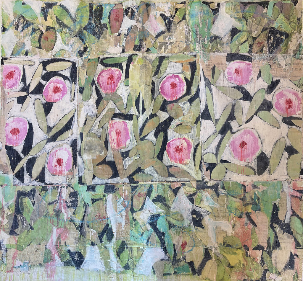 Repetitive flowers, developing a pattern narrative are recognizable Mark Cherry. His bold strokes, vibrant color palettes, found materials, remind many of DuBuffet and Art Brut. 