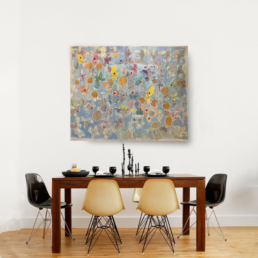 The "Spring Day" repetitive flowers develop a pattern narrative which are recognizable Mark Cherry. Shown in a dining room with table and chairs