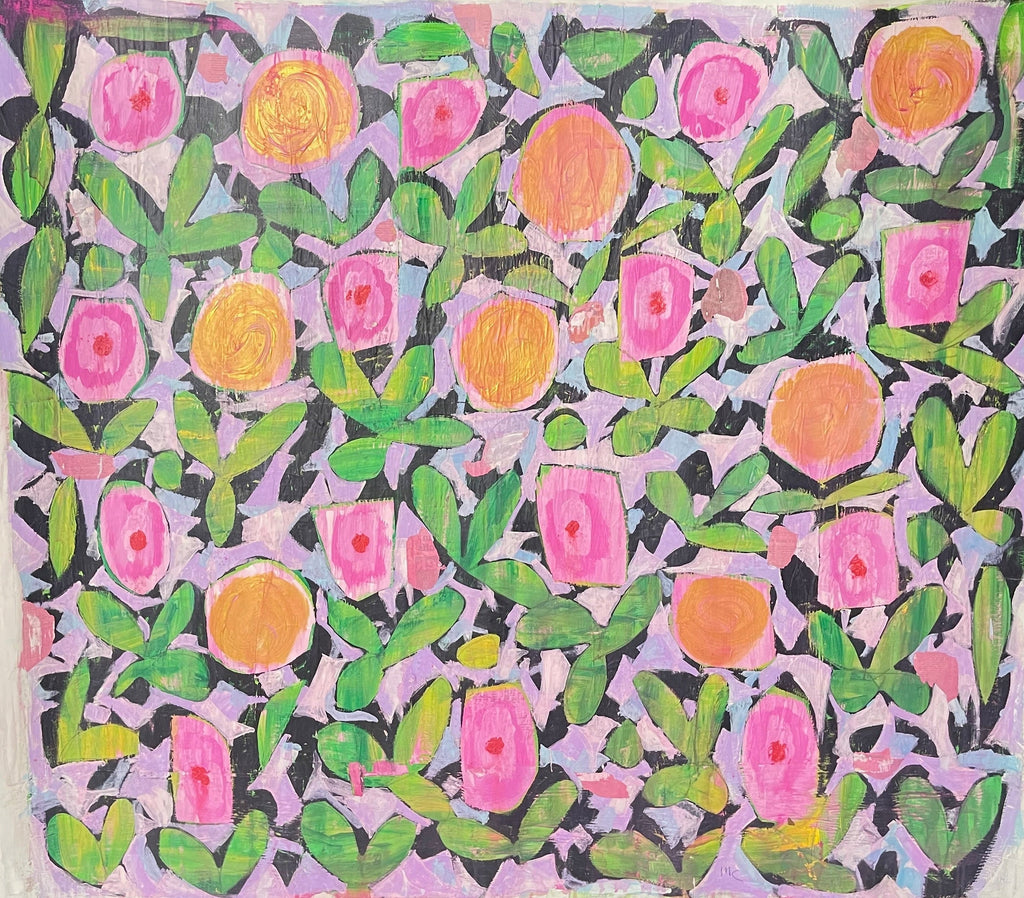 The "Rose Garden" repetitive flowers develop a pattern narrative which are recognizable Mark Cherry. His bold strokes, vibrant color palettes, found materials, remind many of DuBuffet and Art Brut. 