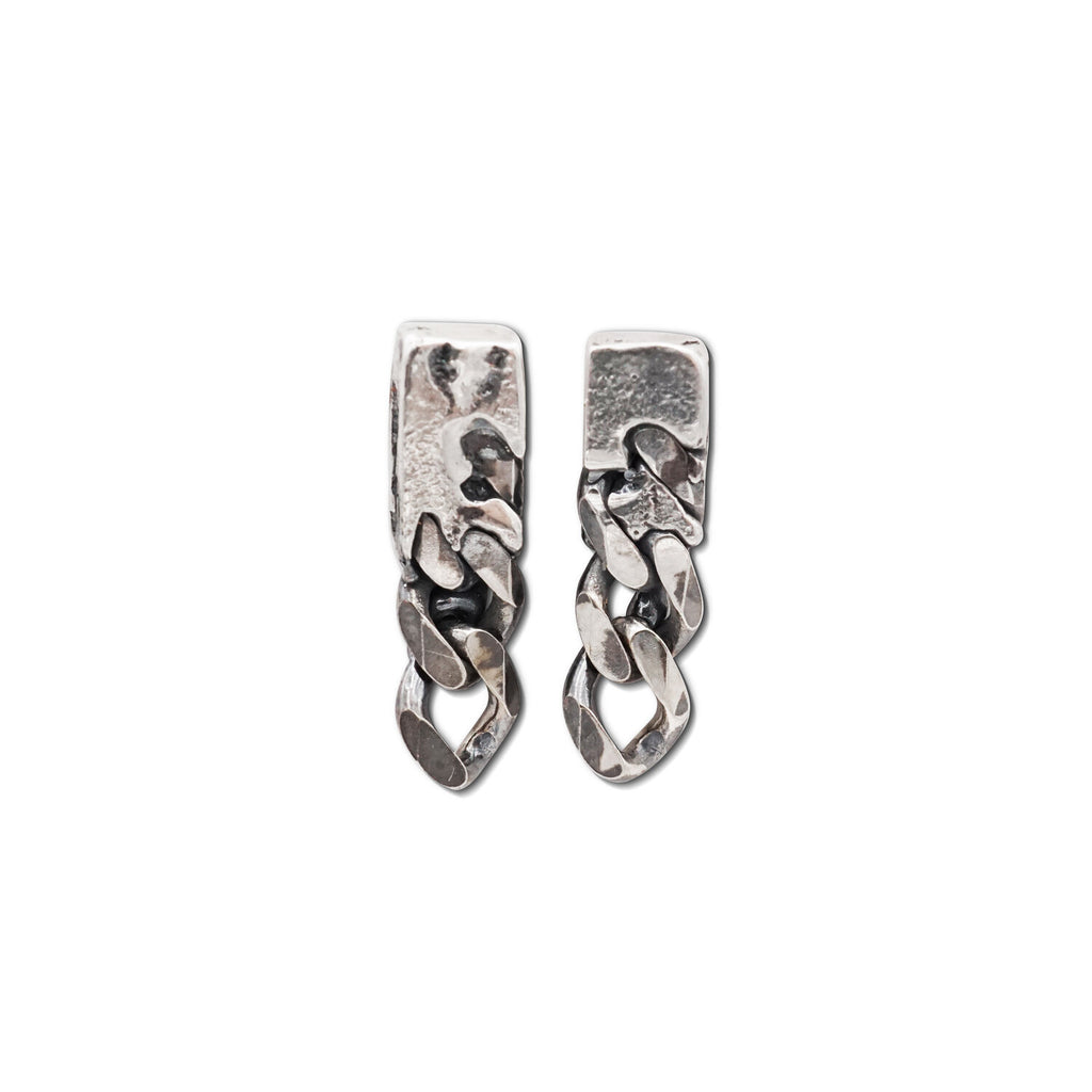 Baby Chain Link Earrings are designed by casting thick 5mm curb chain in a mould with molten silver, finished with a darkening patina